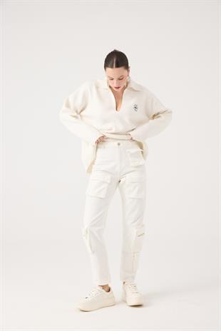 Yüksek Bel, Kargo Cepli Serenity Jean Pantolon Beyaz