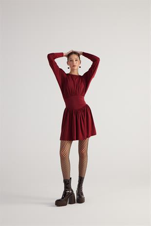 Beli Korse Görünümlü Vatkalı Mini Jade Elbise Bordo