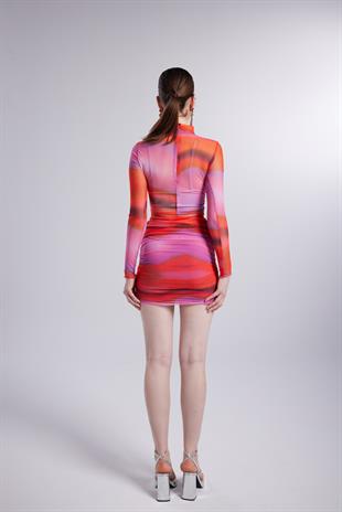 Balıkçı Yaka Astarlı Mini Çok Renkli İkili Inferno Takım Pembe