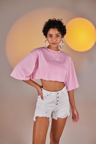 Bisiklet Yaka Holly Crop Tshirt Pembe