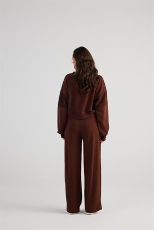 Bisiklet Yaka Şardonsuz Crop Cali Sweatshirt Kahve