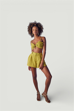 Yüksek Bel Düğme Kapamalı Playa Şort Yeşil