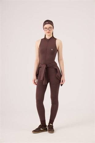 Fermuarlı Kolsuz Rider Tulum Kahve