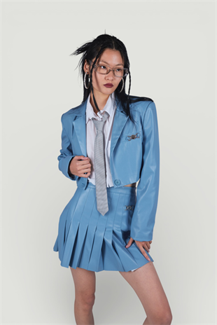 Crop Model Astarlı College Ceket Mavi