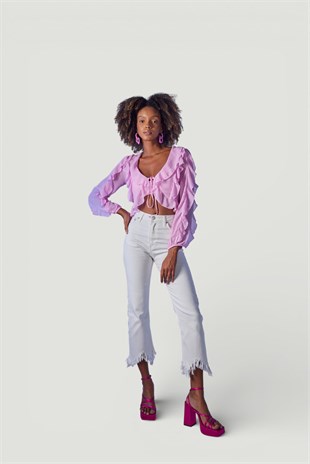 Crop Model Bağlamalı Kol Detaylı Elsa Bluz Pembe