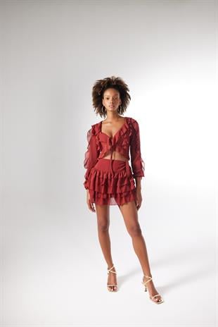 Beli Lastikli Volanlı Mini Elsa Etek Kahve