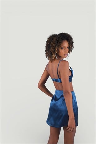 Askılı Crop Saten Fancy Büstiyer Lacivert