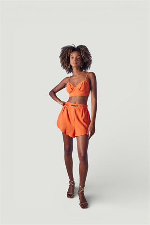 Yüksek Bel Lastikli Leti Şort Turuncu