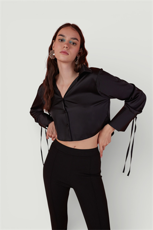 Özel Dokulu Saten Crop Silky Gömlek Siyah