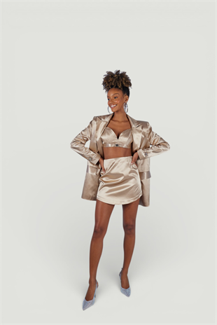 Mini Boy Fermuarlı Saten Fancy Etek Bej