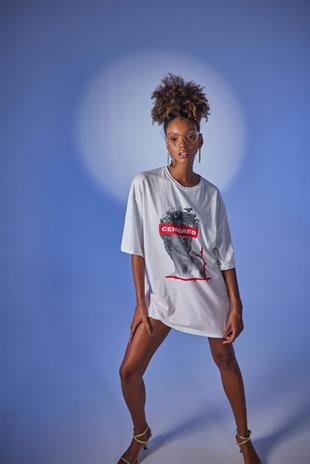 Oversize Baskılı Censored T-Shirt Beyaz