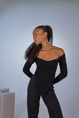 Uzun Kol Kalp Yaka Rolla Kazak Siyah