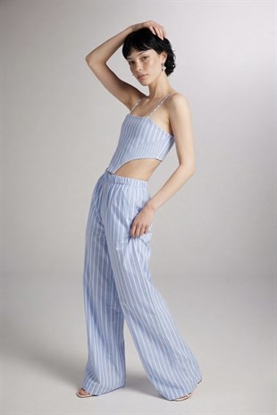 Askılı Çizgili Harmony Poplin Büstiyer Mavi