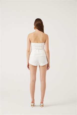 Düğmeli Straplez Kesim Harvey Bluz Beyaz