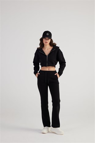 Kadın Siyah Kapüşonlu Uzun Kol Fermuarlı Crop Mixed Sweat