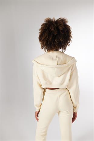Kadın Bej Kapüşonlu Uzun Kol Fermuarlı Crop Mixed Sweat