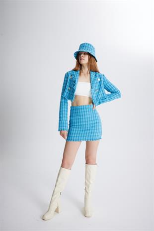 Tüvit Kumaş Crop Tweed Ceket Mavi
