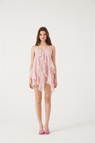 Fırfırlı Boyundan Bağlamalı Mini Lea Elbise Pembe