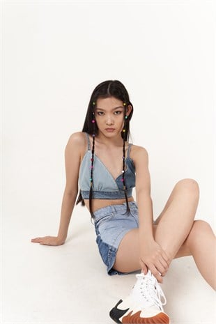 Yüksek Bell, Çift Renkli Mini Ocean Jean Şort Mavi