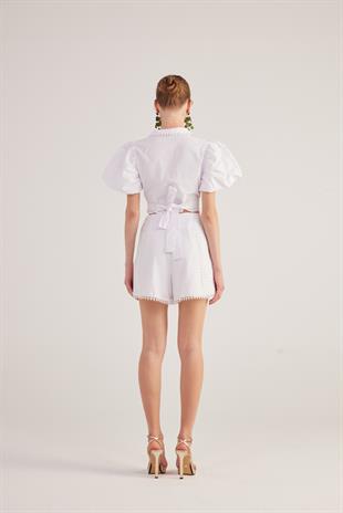 Astarlı, Brode Detaylı Poplin Fairy Şort Beyaz