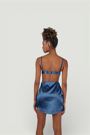 Mini Boy Fermuarlı Saten Fancy Etek Lacivert