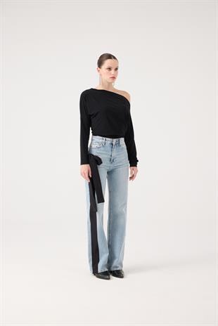 Yüksek Bel Kurdele Detaylı Wide Leg Kyla Jean Pantolon Siyah