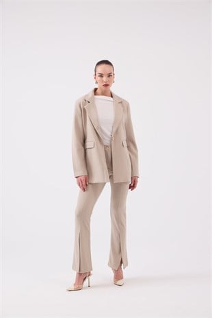 Vatkalı Astarlı Blazer Striped Blazer Ceket Bej