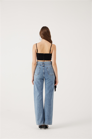 Yüksek Bel Kurdele Detaylı Wide Leg Kyla Jean Pantolon Siyah