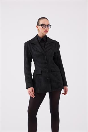 Karen Black Striped Fitted Blazer Jacket with Waistband