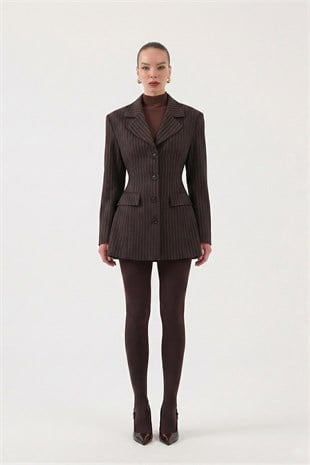 Belden Oturmalı Çizgili Fit Kesim Karen Blazer Ceket Kahve