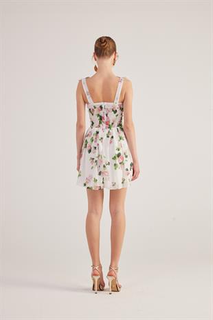 Askıları Kurdeleli Gloplu Çiçekli Mini Şifon Esther Elbise Beyaz