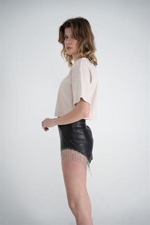 Kısa Kol Bisiklet Yaka Basic Viole Tshirt Bej