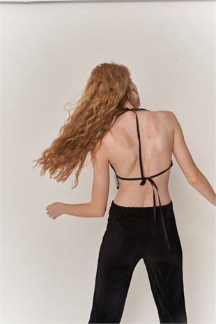 Üçgen Kesim Boyundan Bağlamalı Glammy Crop Gümüş