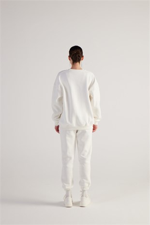 3 İplik Şardonlu Uzun Kol Bisiklet Yaka Fine Sweatshirt Ekru