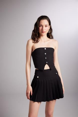 Düğme Detaylı Crop Devon Büstiyer Siyah