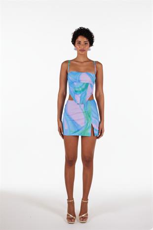 Yırtmaçlı Mini Tül Sierra Etek Mavi