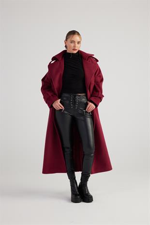 Vegan Deri Kuşgözü Detaylı Likralı Gina Deri Pantolon Siyah