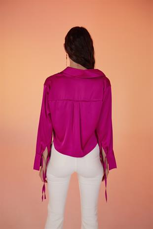 Özel Dokulu Saten Crop Silky Gömlek Pembe