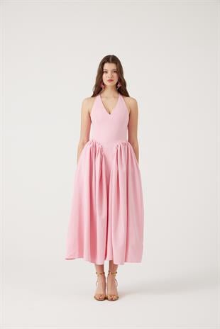 Boyundan Bağlamalı Bele Oturan Uzun Ophelia Elbise Pembe