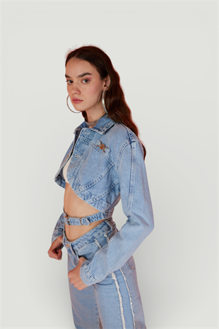 Crop Model Düğme Kapamalı Biana Jean Ceket Mavi