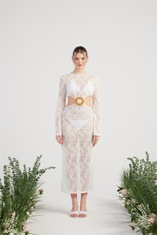 Dantelli Sırtı Açık Çift Yırtmaçlı Uzun Adeline Elbise Beyaz