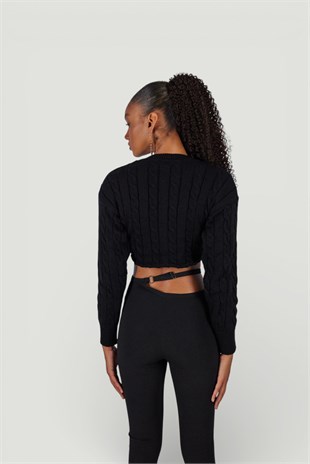 Crop Model Bisiklet Yaka Örgü Merit Kazak Siyah