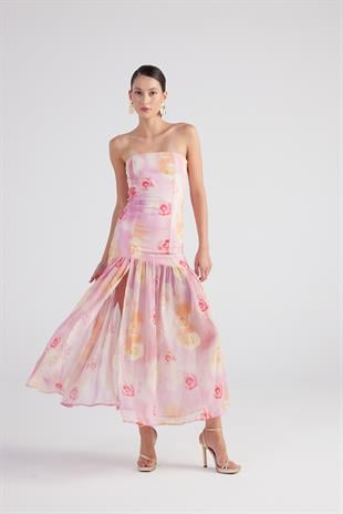 Gül Desenli Gipeli Yırtmaçlı Şifon Uzun Vivian Elbise Pembe