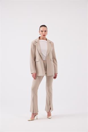 Vatkalı Astarlı Blazer Striped Blazer Ceket Bej