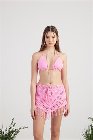 Desenli Bağlamalı Yazlık Alt Üst Chacha Triko Takım Pembe