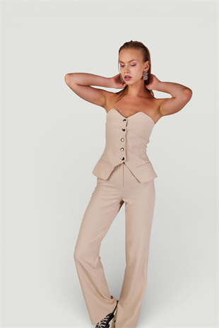 Straplez Kesim Astarlı Panky Bluz Bej