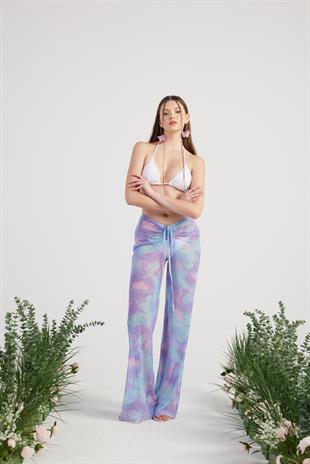 Beli İp Detaylı Tül Pareo Shirred Pantolon Lila