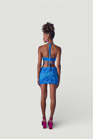 Boyun Bağlamalı Crop Bel Bağlamalı Venice Takım Mavi