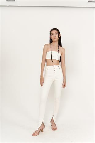 Yüksek Bel Paça Fermuarlı Likralı Split Jean Pantolon Beyaz