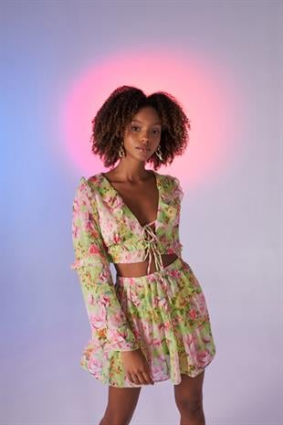 Çiçek Desenli Crop Model Bağlamalı Dekolteli Flora Gömlek Yeşil